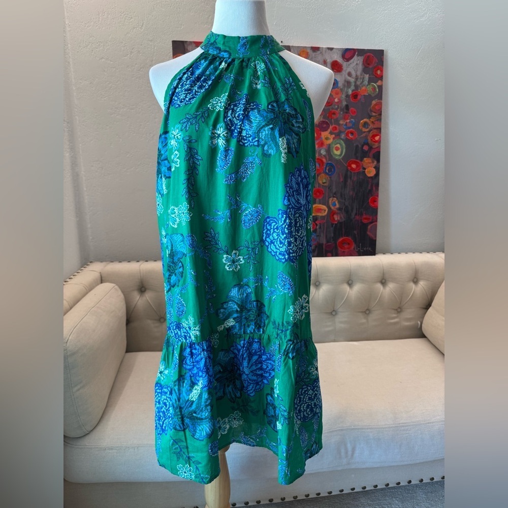 NWT Olivaceous Green Blue Casual Beach Tropical Dress L